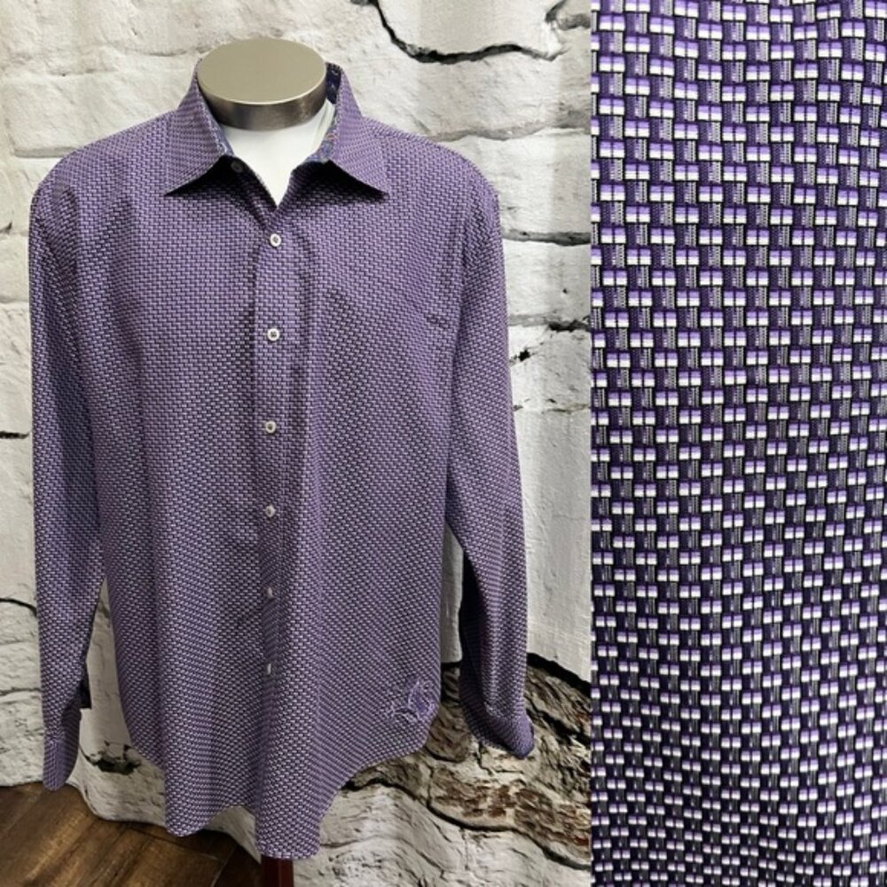 Robert Graham Purple Grey Checkered Button Up‎ Dress Shirt Workwear Classic Geo